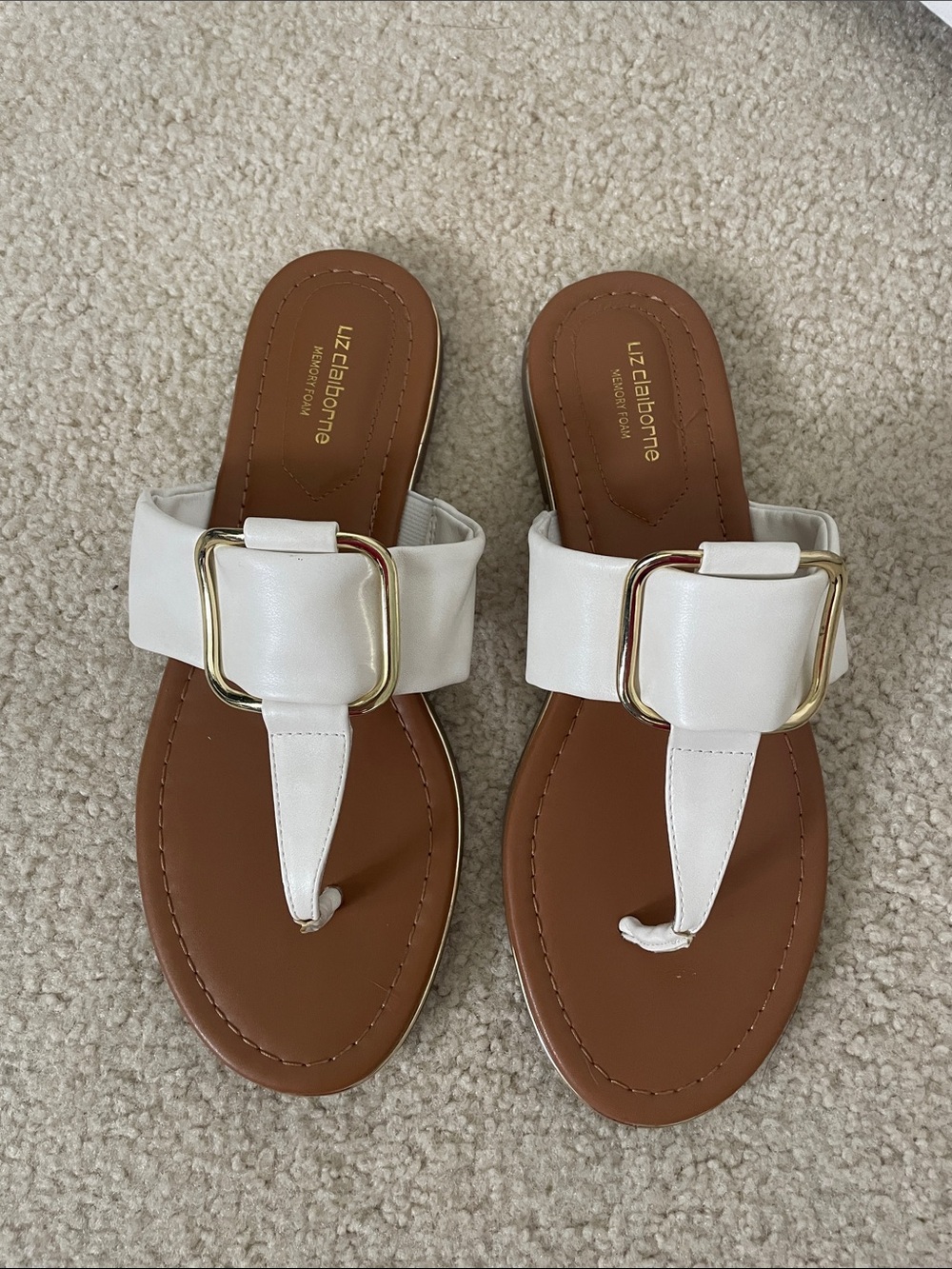 Liz Claiborne White Leather Buckle Thong Sandals with Gold Accent